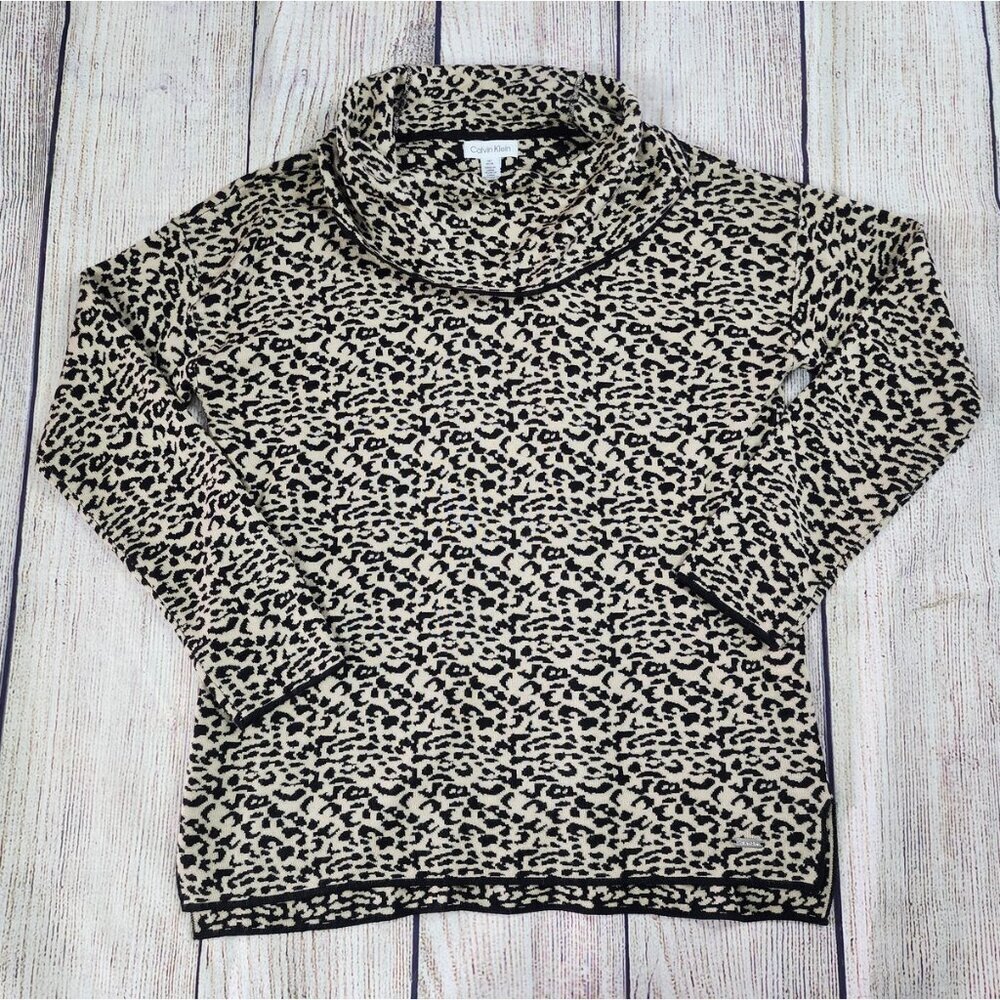 Calvin Klein Women's Size Medium Cowl Neck Tunic Sweater, Leopard Print